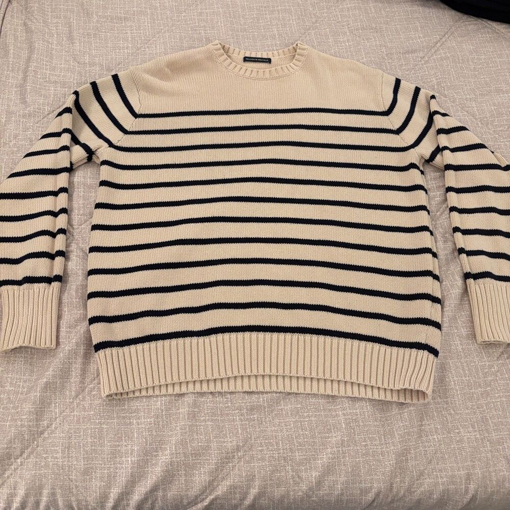 Brandy Melville: Beige & Black Striped Crewneck Knit Sweater One Size